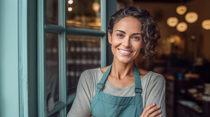 Wall Mural - photograph of Portrait of happy young woman standing at doorway of her store.