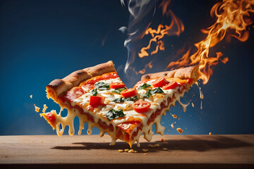 Hot smoked pizza on fire flying in the air on a wooden table on a blue background.