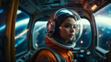 Fototapeta Las - A female astronaut wearing an orange suit and helmet and sitting in a  cockpit on the background of the planet Earth.