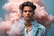 A Handsome Young Man With Clouds Of Smoke On A Pastel Background.