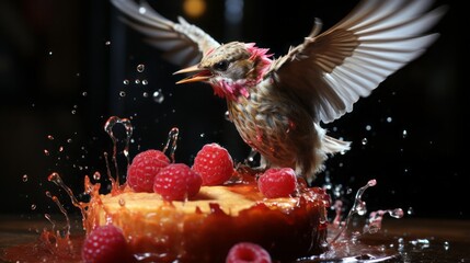 Sticker - ajouter un oiseau qui vient voler une framboise en haut du gâteau, hyper réaliste, photographie