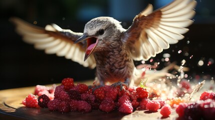 Sticker - ajouter un oiseau qui vient voler une framboise en haut du gâteau, hyper réaliste, photographie