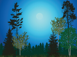 Sticker - green forest on dark blue background illustration