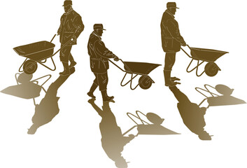 Canvas Print - worker with wheelbarrow three brown silhouettes on white