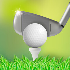 Poster - Realistic Detailed 3d Golf Ball and Stick on a Green Field Background. Vector illustration of Golf Club Concept Sport Competition Championshi