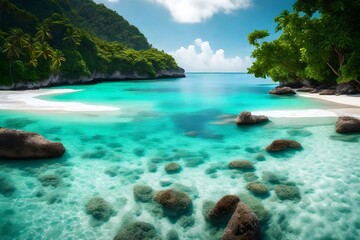 A beautiful tropical beach with soft white sand and sparkling turquoise water.. Creative resource, AI Generated