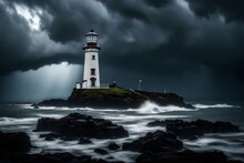 A Lighthouse By The Ocean On A Stormy Day, Showing Very Dark Gray Colors That Feel Intense And Sad.. Creative Resource, AI Generated