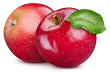 Apple Fruit With Leaf Isolate. Red Apple Whole And Half On White. Apple Clipping Path. High End Retouching.
