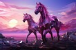 Two purple horses on sunset in geometric pattern style. low poly design