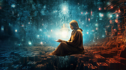 digital technology background with businessman