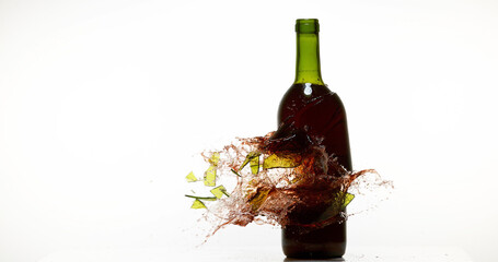 Wall Mural - Bottle of Red Wine Breaking and Splashing against White Background