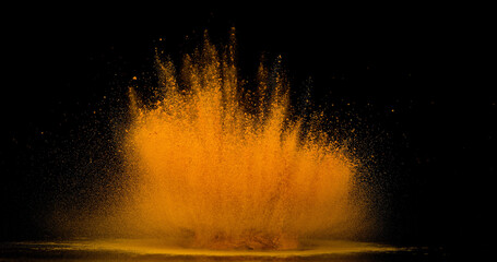 Turmeric, curcuma longa, Powder falling against Black Background, Indian Spice