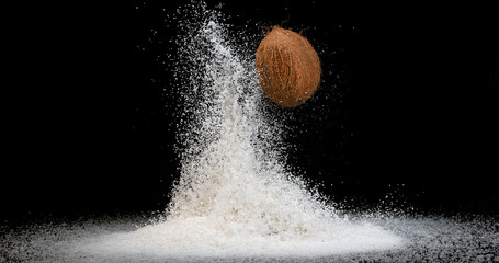 Wall Mural - Coconut, cocos nucifera, Fruit and Powder Exploding against Black Background