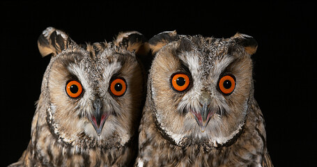 Wall Mural - Long Eared Owl, asio otus, Portrait of Adults, Normandy in France