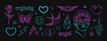 Y2k Tattoo Art Stickers In 90s - 00s Style. Butterfly, Barbed Wire, Fire, Flame, Chain Heart, Swallow, Snake, Rose Psychedelic Tattoo Style. Vector 2000s Tattoo Designs In Pink And Blue Style