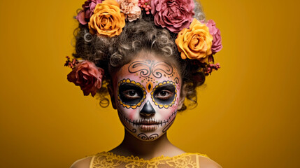 Canvas Print - person in carnival mask. a girl with a painted face, in the style of a skeleton, colorful costumes, bright flowers in her hair. Generative Ai