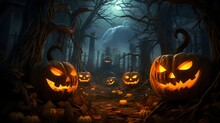 Halloween Pumpkins In The Forest At Night.Halloween Background With Evil Pumpkin. Spooky Scary Dark Night Forrest. 