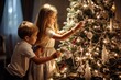 Happy boy and girl, brother and sister, decorate the Christmas tree