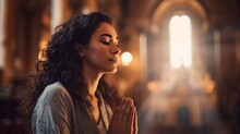 Attractive Woman Praying In The Church