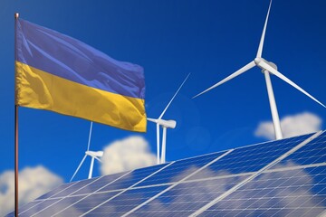 Wall Mural - Ukraine renewable energy, wind and solar energy concept with windmills and solar panels - renewable energy - industrial illustration, 3D illustration