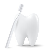Vector 3d Realistic Tooth With Toothbrush Isolated On White Background. Medical Dentist Design Template, Clipart. Dental Health Concept