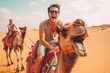 Happy tourist having fun enjoying group camel ride tour