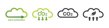 Carbon Dioxide Emissions. Green Cloud And Co2 Reduction Icon. Air Pollution Symbols. Vector Illustration Isolated On White Background.