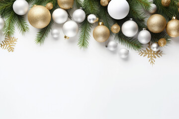 Wall Mural - Christmas decoration with fir branches and baubles on a white background with copy space. AI generated