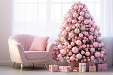 Wall Mural - Pink christmas tree and decorations. Christmas background. AI generated