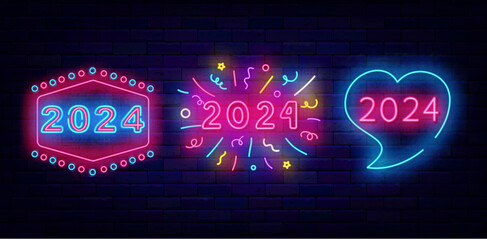 Wall Mural - 2024 neon labels collection. Happy New Year signs on brick wall. Comics firework frame. Vector stock illustration