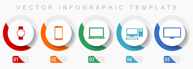 Poster - Electronic devices icon set, miscellaneous icons such as smartwatch, smartphone, laptop, computer and tv, flat design vector infographic template, web buttons in 5 color options