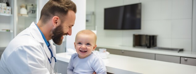 Doctor with an infant in the pediatrics area. The doctor conducts an kid examination in his office . Happy expression