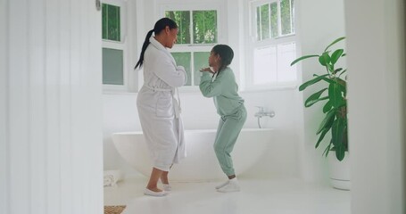 Sticker - Play, kid or mother dancing in bathroom grooming or cleaning in happy family home together. Dancer, energy or mom with an excited girl child bonding to fun music in morning routine for wellness