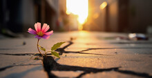 A Small Flower Has Broken Through The Asphalt And Is Blooming, A Concept Of Hope And Rebirth 