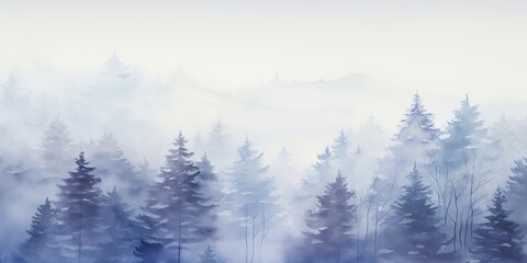 Misty mood in the winter forest. Gold, grey, violet, mauve, pale blue ink trees illustration. Romantic and mourning landscape for seasonal or condolence greetings.