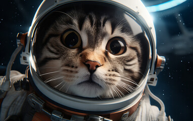 Wall Mural - Cat astronaut in a spacesuit in outer space travels across the expanses of the universe