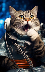 Wall Mural - Surprised astronaut cat in a spacesuit in a spaceship plows the expanses of the universe