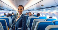 African American Woman Working As Flight Attendant. Female Airplane Stewardess With Blurred Seats In Aisle Background. Generative AI