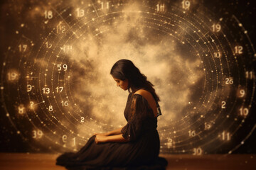 Sitting Woman Surrounded by Magic Numbers, Fortune Teller,  Numerology, Predict Future Concept