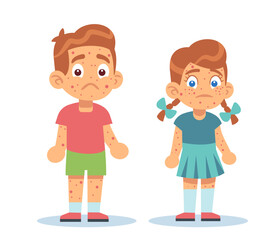 Boy and girl with skin problems, with rashes all over their bodies. Chickenpox, measles and atopic dermatitis. Dermatology treatment. Cartoon flat isolated illustration. Vector medical concept