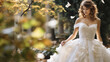 Beautiful female bride at wedding photoshoot wearing white dress or bridal gown