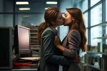 Women kissing in the office