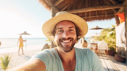 Wall Mural - tourist taking selfie on summer vacation.