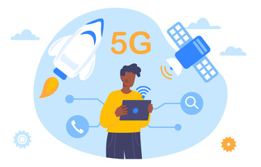 Wall Mural - man with 5g concept. young guy with tabet at background of satellite and rocket. mobile internet and