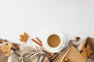 Wall Mural - Craft an ambiance reflecting the rich charm of autumn. Top view of plaid, pen, notebook, hot cocoa, cinnamon sticks, acorns, autumn leaves on white background with blank space for promo or message