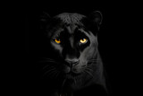 a black panther with bright yellow eyes on a black background