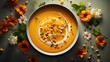 Creamy pumpkin soup in a bowl for dinner. Yellow orange with some cream. - Generative AI