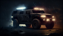 Armored SUV N In Desert With Led Bar On Roof At Night