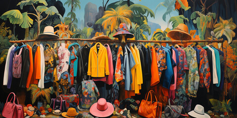 thrift shopping, vivid colors, high contrast, piles of clothes transforming into a vibrant jungle, surrealism, acrylic painting on canvas