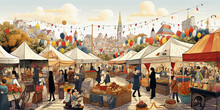 Illustration Of A Crowded Farmer's Market With Stalls Selling Natural Dyes, Organic Cotton, And Artisanal Crafts, Bright And Cheery, Folk Art Style